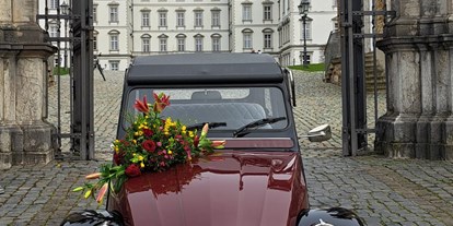 Hochzeitsauto-Vermietung - Marke: Citroën - Charlotte vor dem Schloss  - Deux Chevaux  2 cv